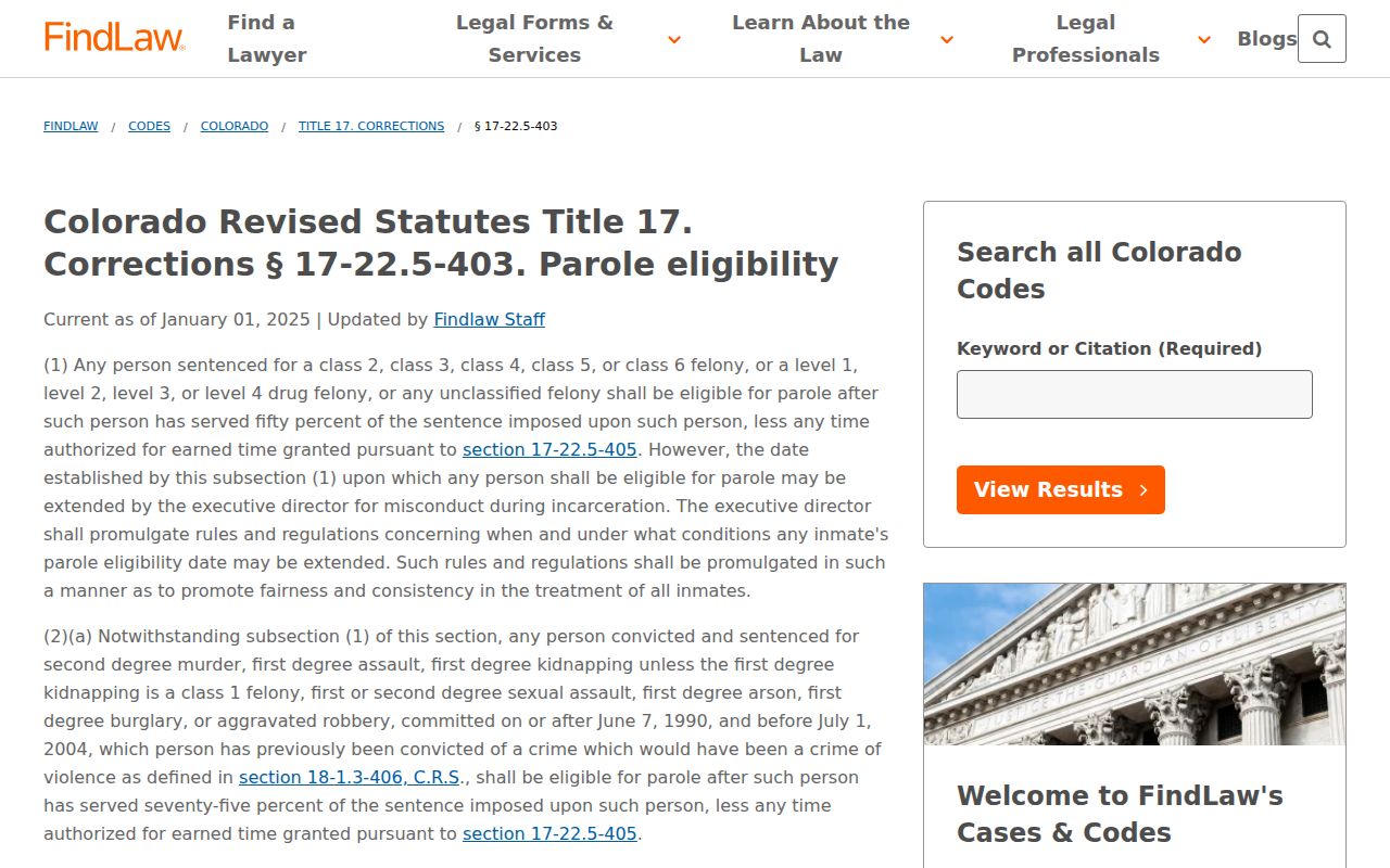 Colorado parole eligibility statute source for release-date and parole timing