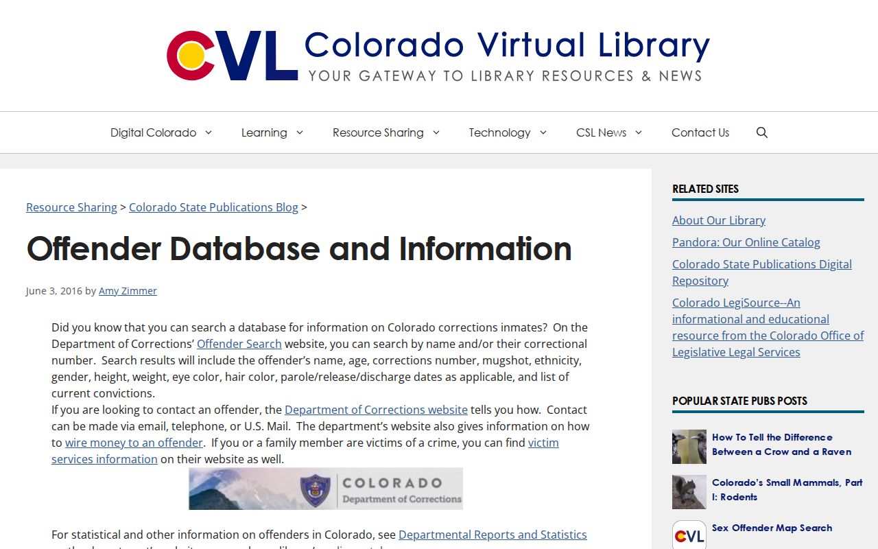 Colorado DOC offender database field summary showing state offender record context