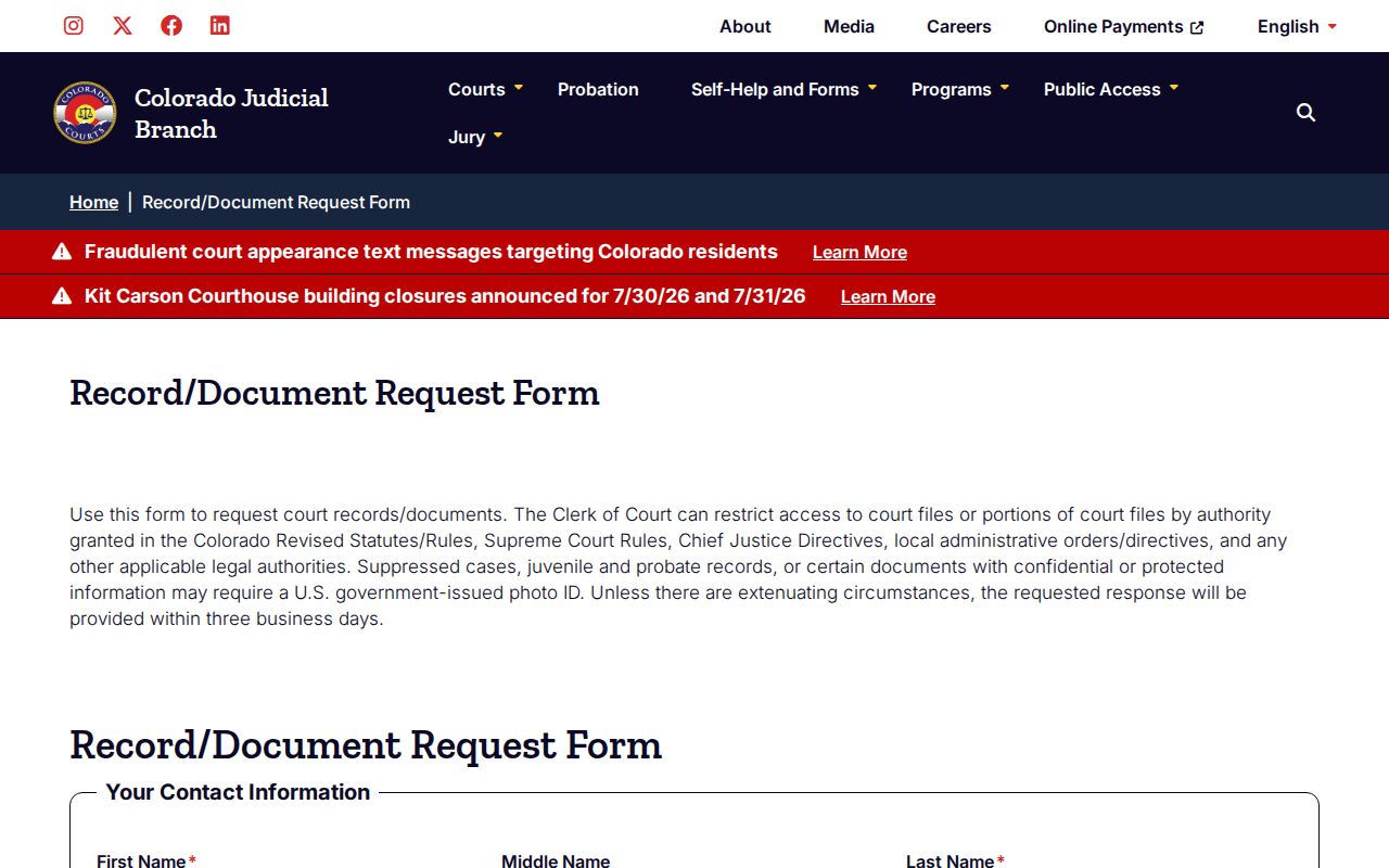 Costilla County release records court document request form