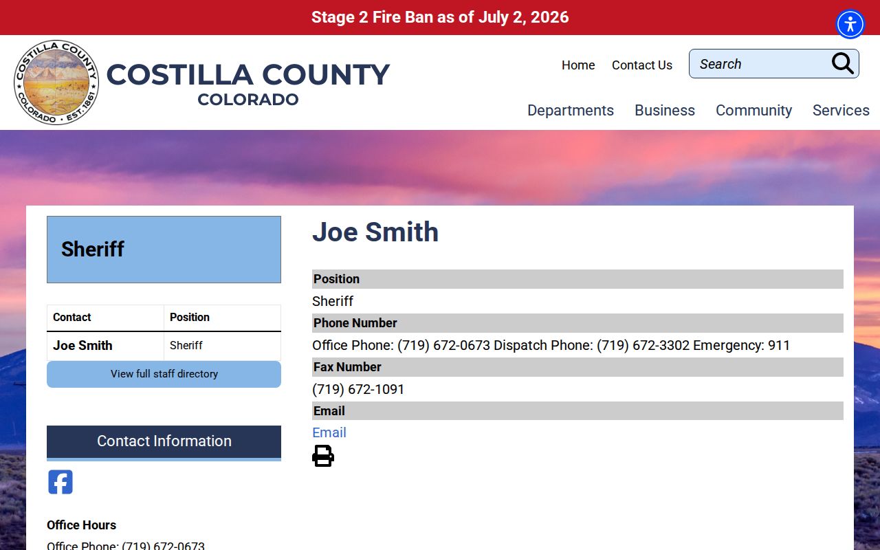 Costilla County Jail Sheriff Office release records contact