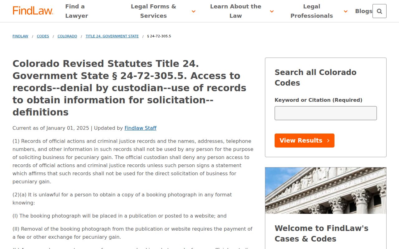 Colorado booking photograph statute source for mugshot request restrictions