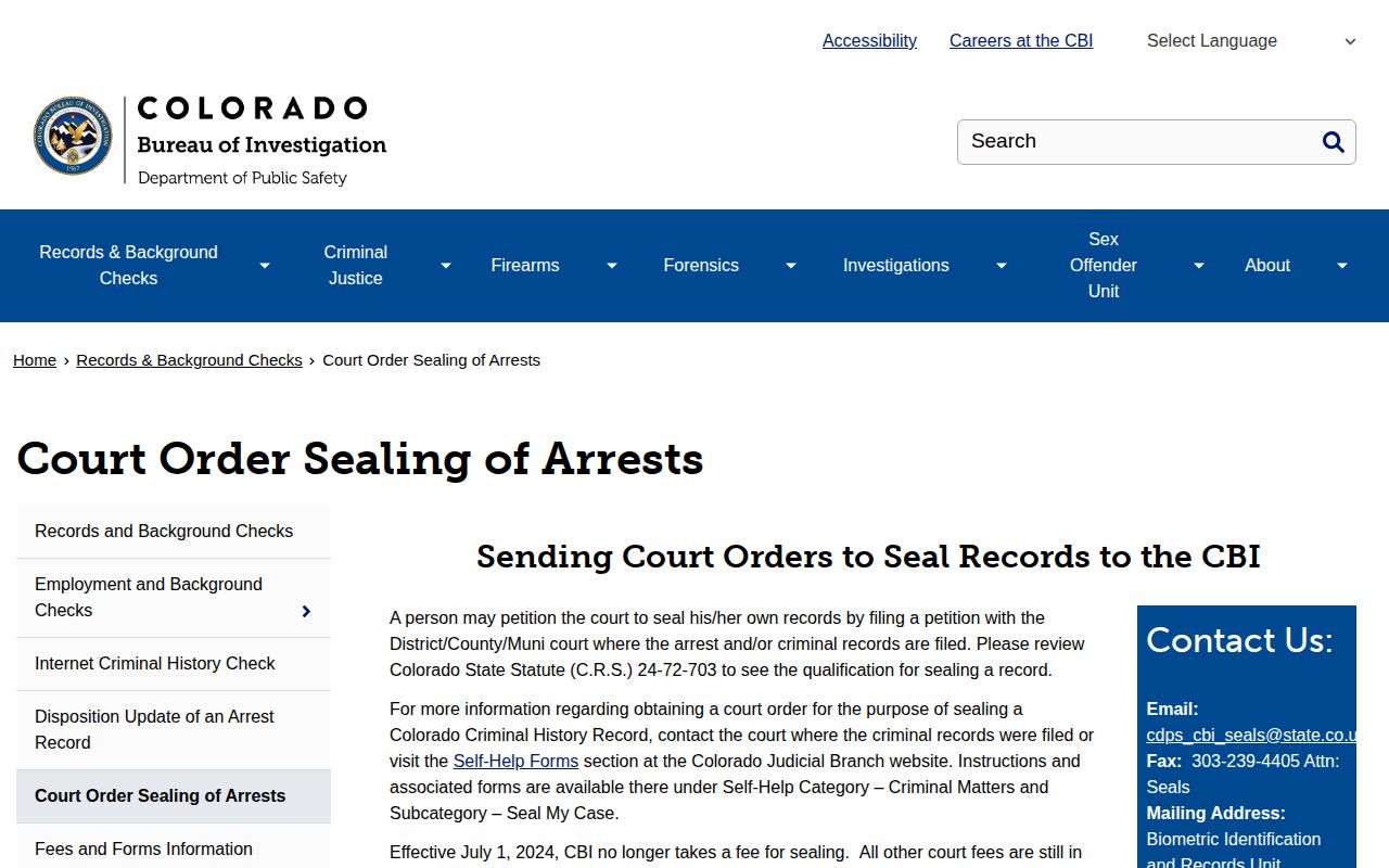 CBI sealing information page for arrest and court records