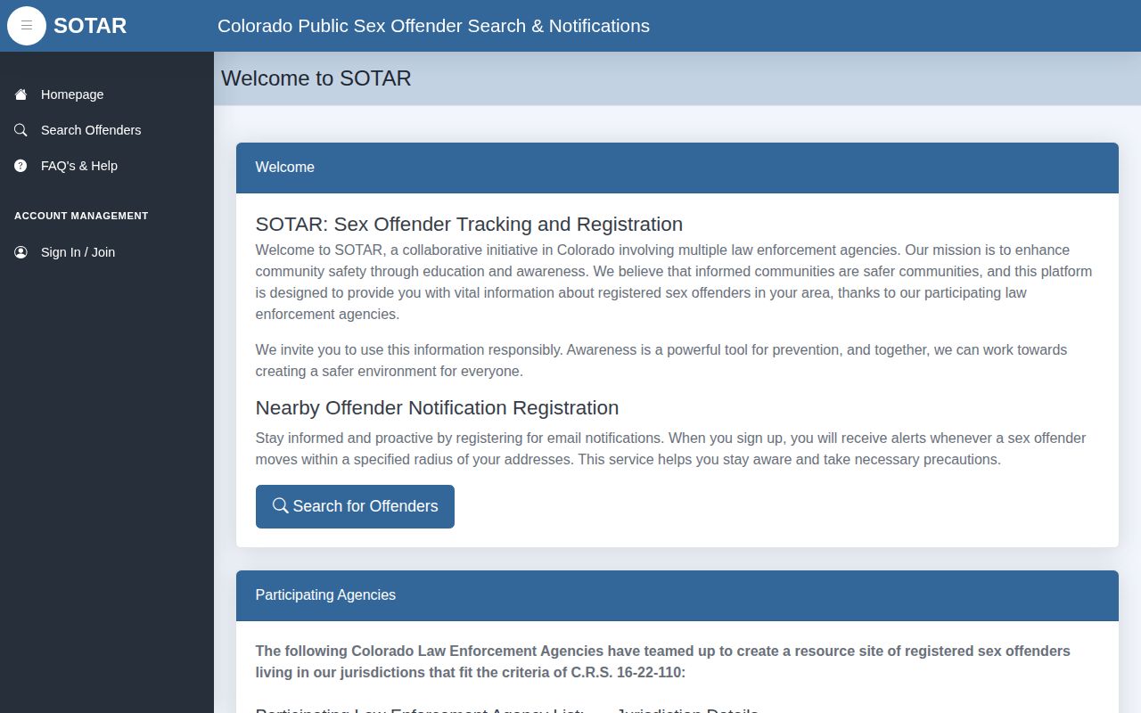 SOTAR public sex offender search page for Colorado registry records