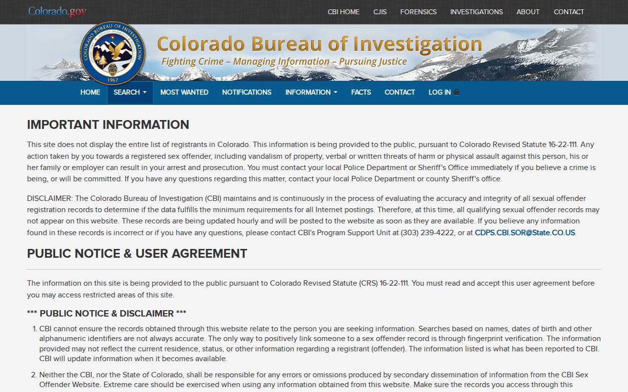 CBI registry search agreement page for Colorado sex offender records