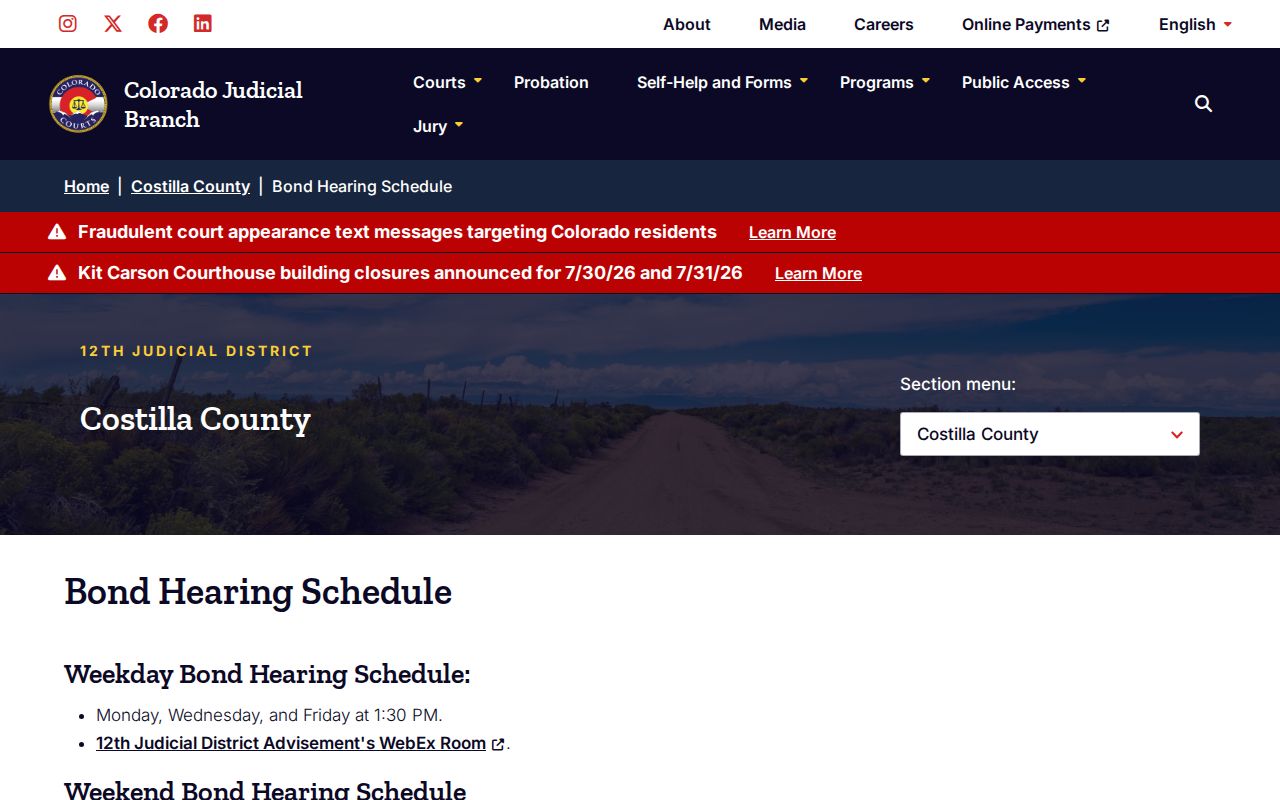 Costilla County bond hearing schedule page